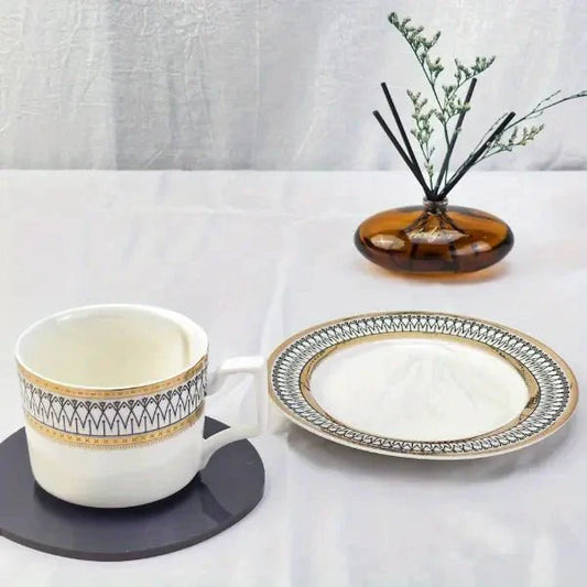 Ceramic Mug and Saucer Set with Golden Edge (1 Set)