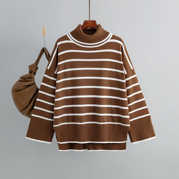 Womens Loose Casual Striped Turtleneck Sweater - Stuffs & Savers