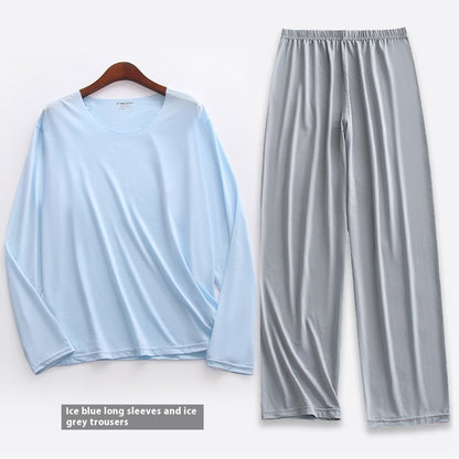 Spring Summer Ultra-thin Men's Long-sleeved Cropped Trousers Pajamas Suit