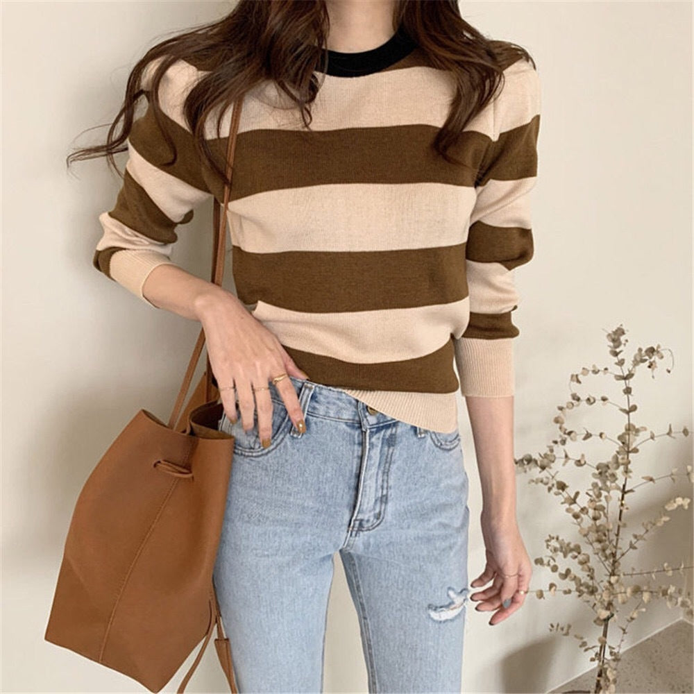 Retro Outer Wear Pullover Horizontal Striped Sweater Women - Stuffs & Savers