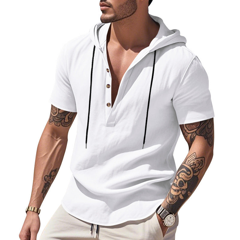 Men's Linen Hooded Henley Shirt - Breathable Short Sleeve