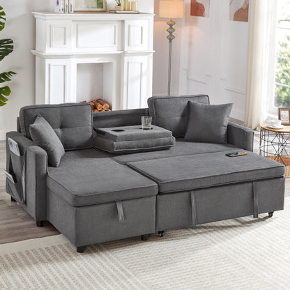 L-Shaped Pull Out Sleep Sofabed, Modern Reversible Sleeper Sectional Sofa, 3 In 1 Convertible Sofa Bed With Storage Chaise, Drop-Down Table, Cup Holders And Charging Ports, Grey