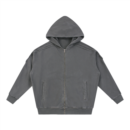Snow Washed Tape Raw Edge Zip Hoodie 420GSM
