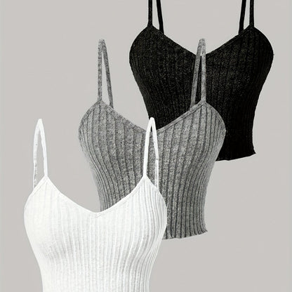 3pcs Elegant Solid Color Women's Cami Tops - Ribbed V-Neck, Sleeveless Spaghetti Strap Stretchy Top