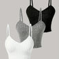 3pcs Elegant Solid Color Women's Cami Tops - Ribbed V-Neck, Sleeveless Spaghetti Strap Stretchy Top