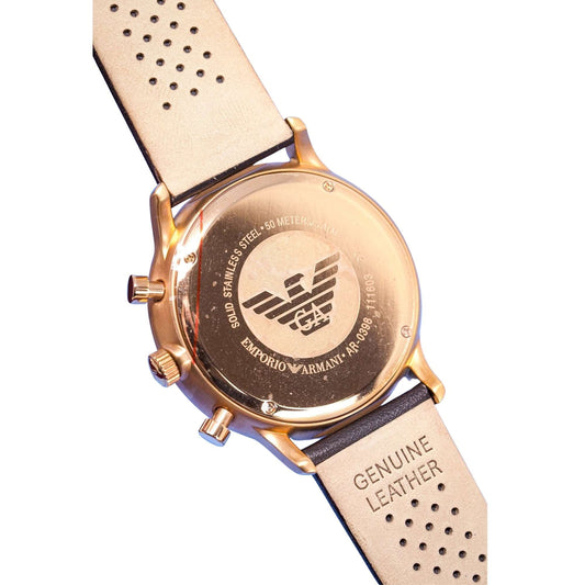 Emporio Armani AR0398 Men's Rose Gold Chronograph Watch with White Dial and Brown Leather Strap