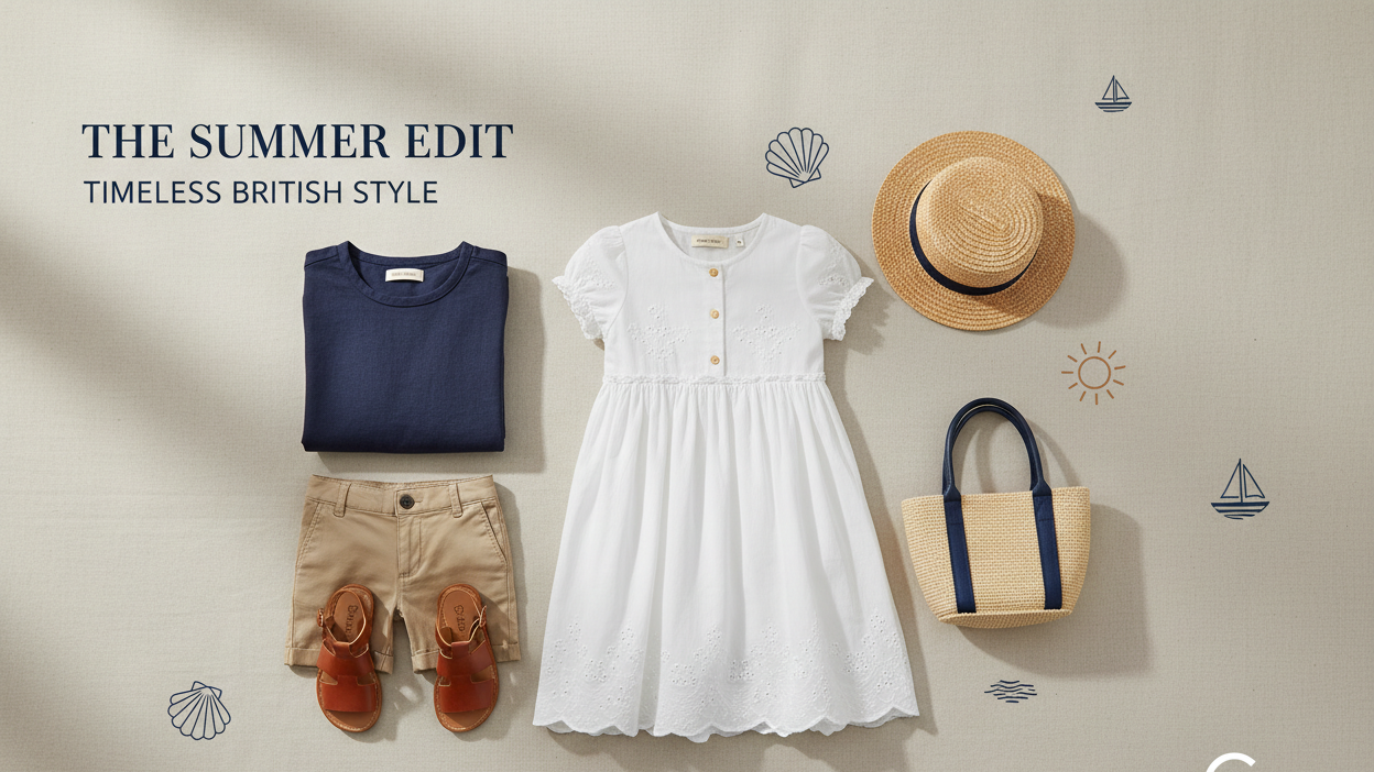 Children's clothing and accessories on a beige background with 'Children's Couture' branding.