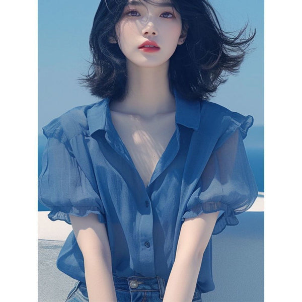 Blue Puff Sleeve Chiffon Small Shirt