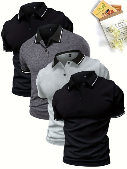 4-Pack Men's Summer Polo Shirts, Solid Color Short Sleeve, Regular Fit, Knit Stretch, Casual Sportswear Tops