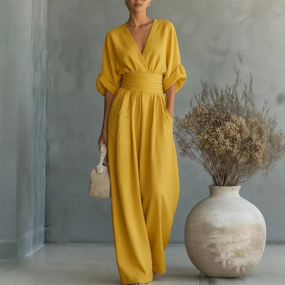 Women's V-Neck Wide-Leg Pleated Jumpsuit