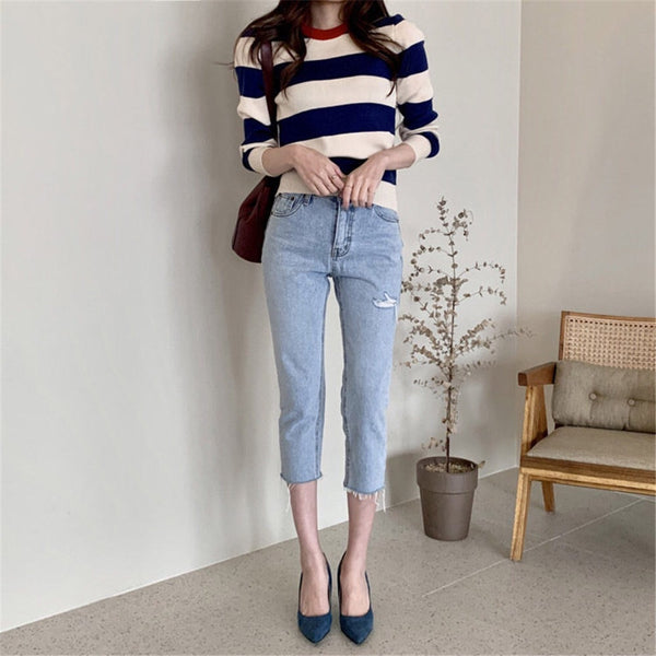 Retro Outer Wear Pullover Horizontal Striped Sweater Women - Stuffs & Savers