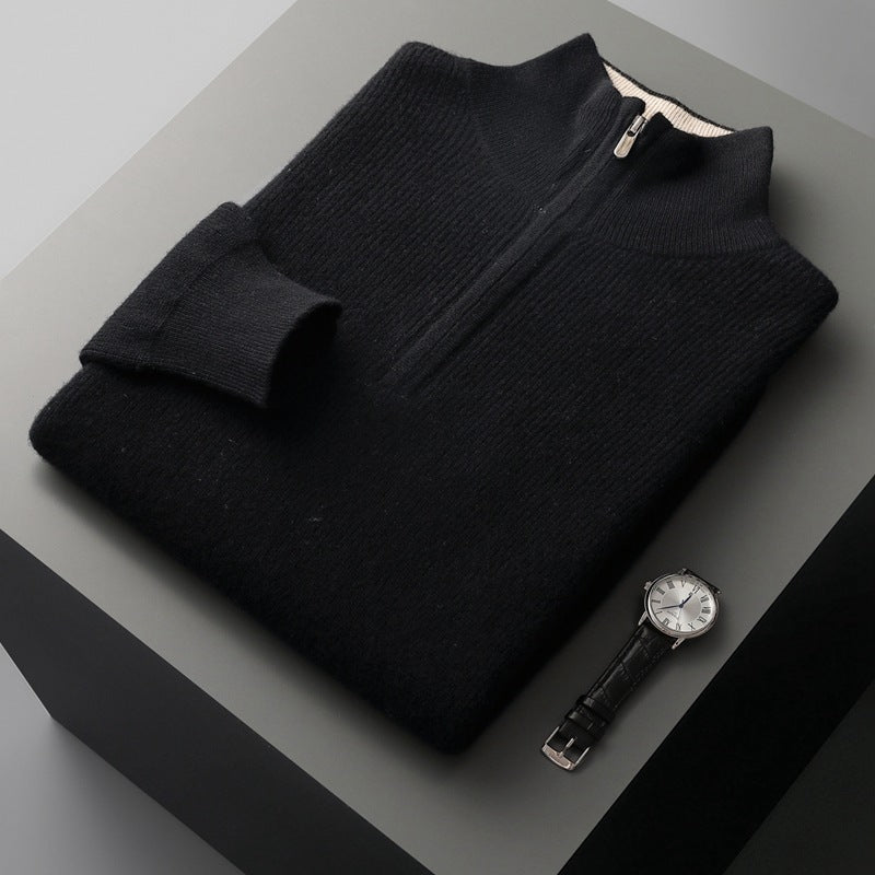 Mens Cashmere Thickened Half-high Collar Zipper Pullover Sweater