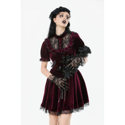 Robe Gothique en Velours Bordeaux à Col en Dentelle Ophelia Dark in Love