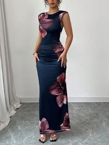 Floral Print Sleeveless Bodycon Maxi Dress