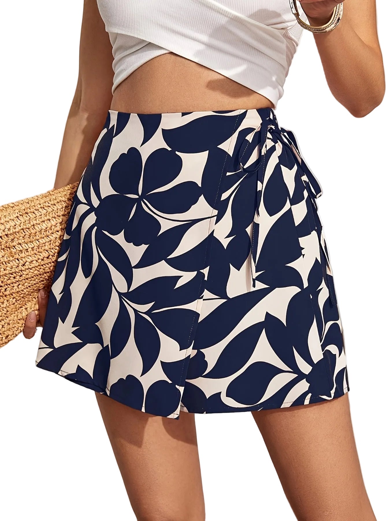 Jupe-short élégante pour femme avec imprimé floral et taille élastique à cordon de serrage.