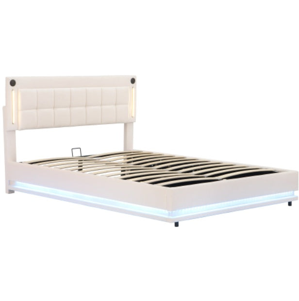 5ft King LED Hydraulic Bed With Charging Station, Adjustable Square Tufted Headboard With Intelligent Control Light, Soft Velvet Bed Frame With USB And Type - C Ports, Beige