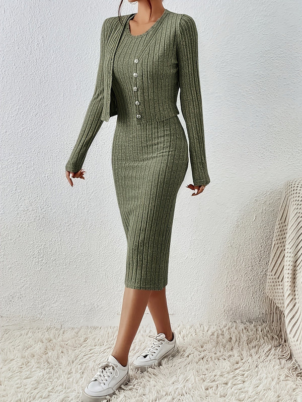 Front Button Cropped Top And Slim Fit Dress