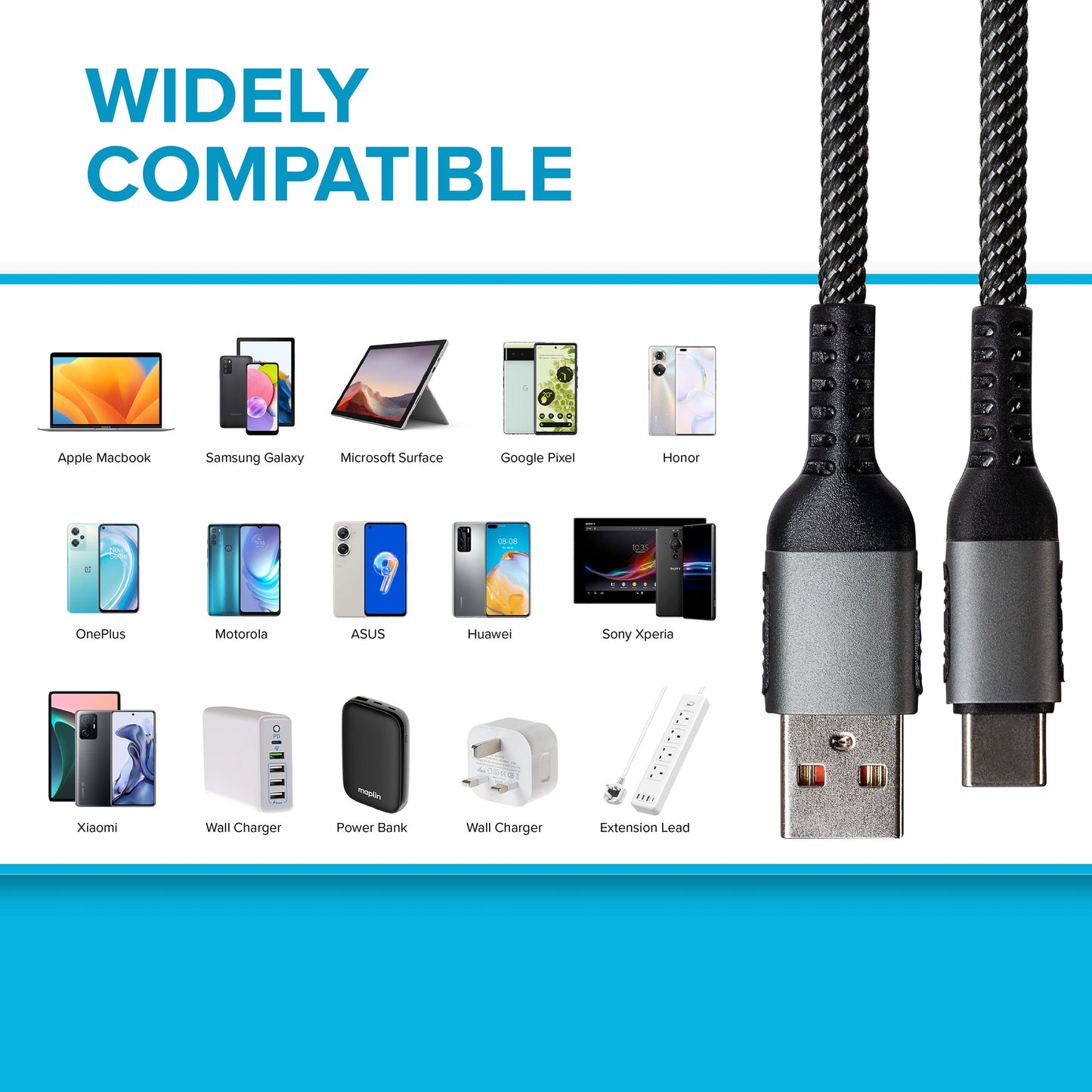 Câble tressé Maplin USB-C vers USB-A 60W - Gris