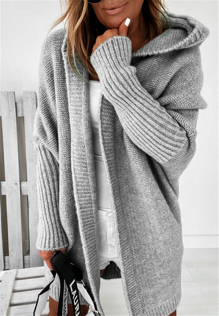 Women's Hooded Cardigan - Loose Knit Batwing Sleeve Sweater