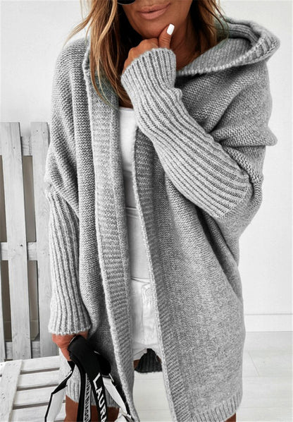 Women's Hooded Cardigan - Loose Knit Batwing Sleeve Sweater