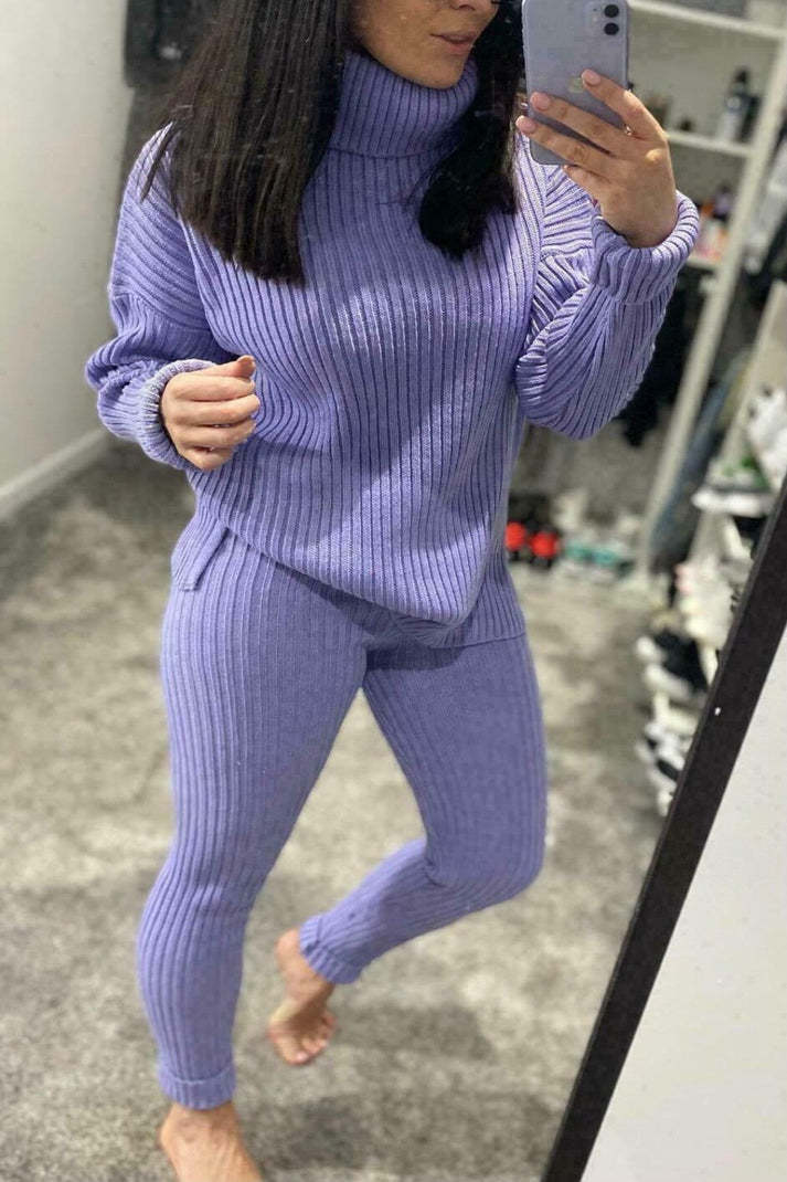 Knitted Ribbed Polo High Neck  Loungewear