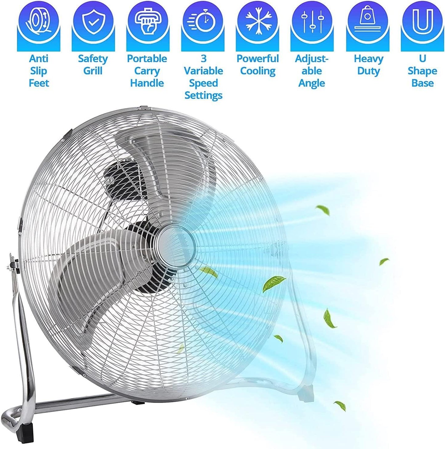 Ventilateur de sol chromé pour maisons, salles de sport, chambres et cuisines | avec 3 vitesses et inclinaison réglable