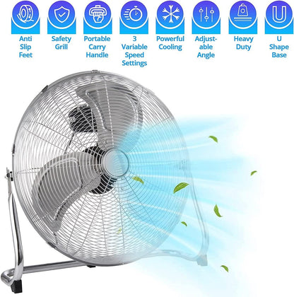 Ventilateur de sol chromé pour maisons, salles de sport, chambres et cuisines | avec 3 vitesses et inclinaison réglable