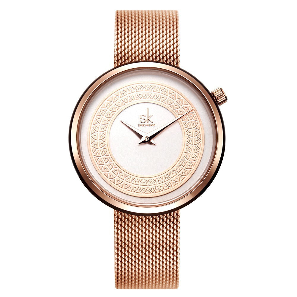 Shengke women's steel mesh waterproof quartz watch