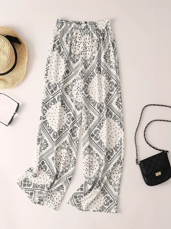 Women's Paisley Print Wide Leg Trousers - Bohemian Casual Pants