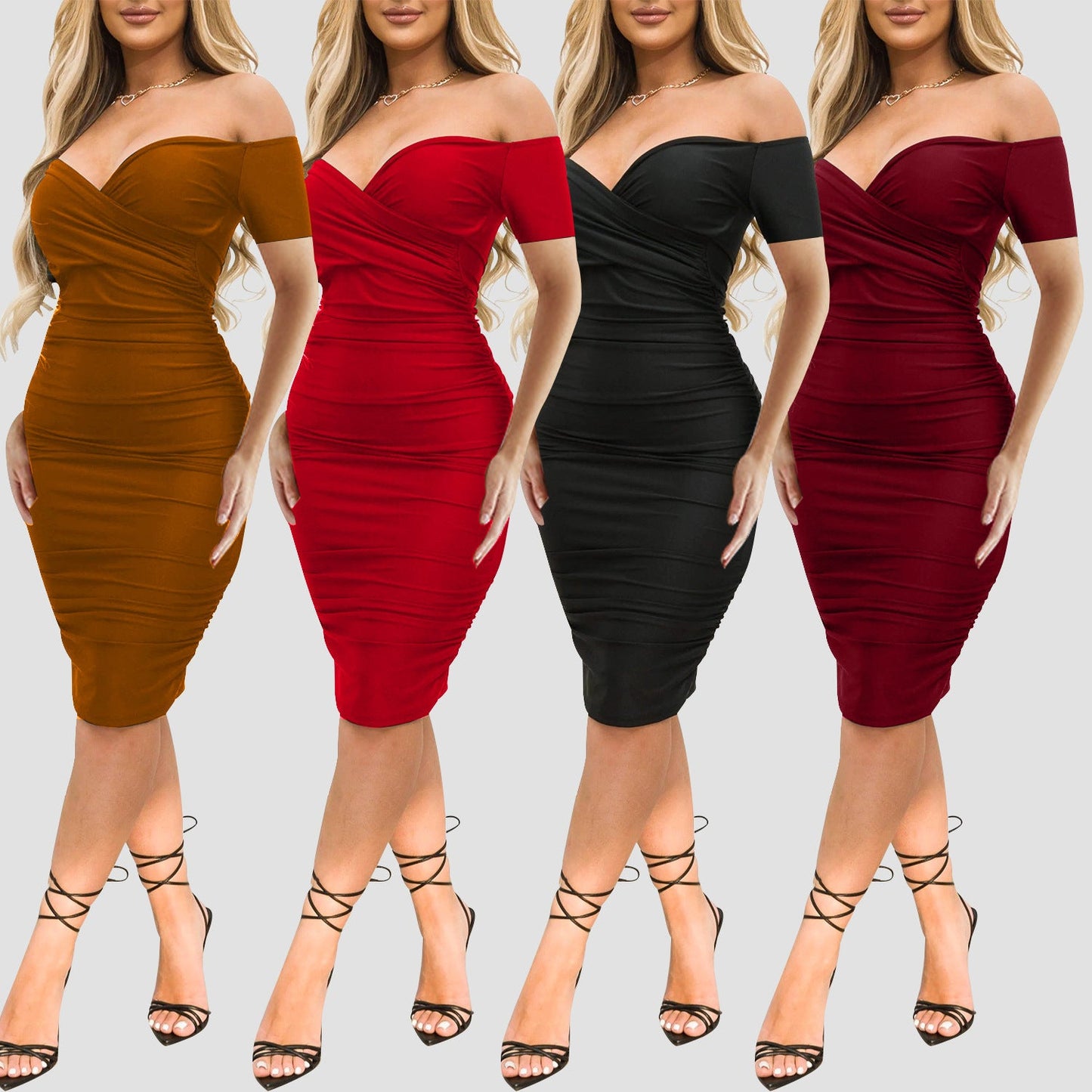 Robe de soirée moulante froncée à épaules dénudées et manches courtes pour femme