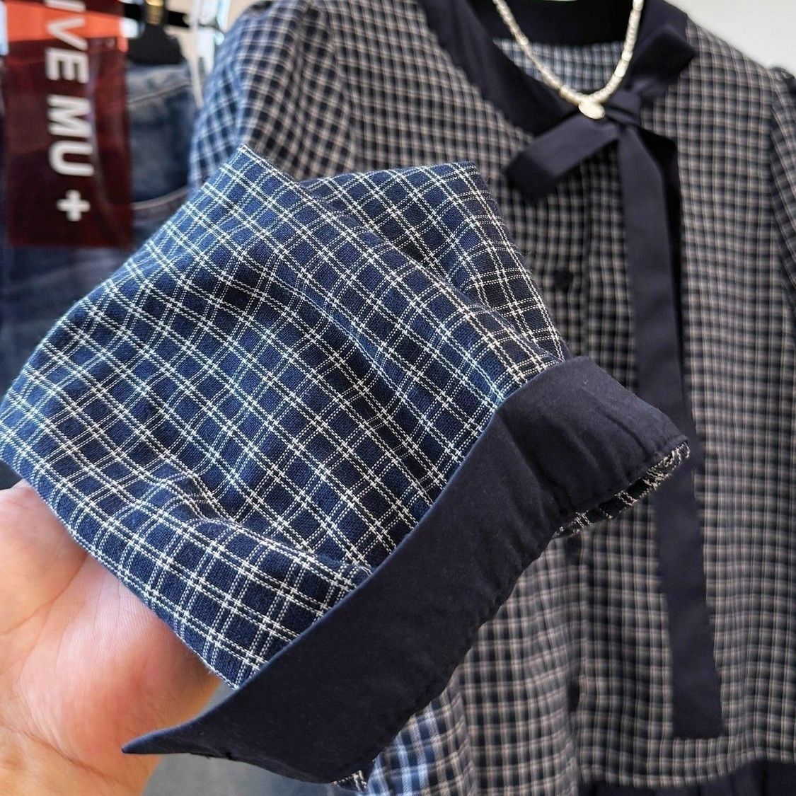 Loose Slimming Plaid Bow-Tied Ruffle-Trimmed Shirt