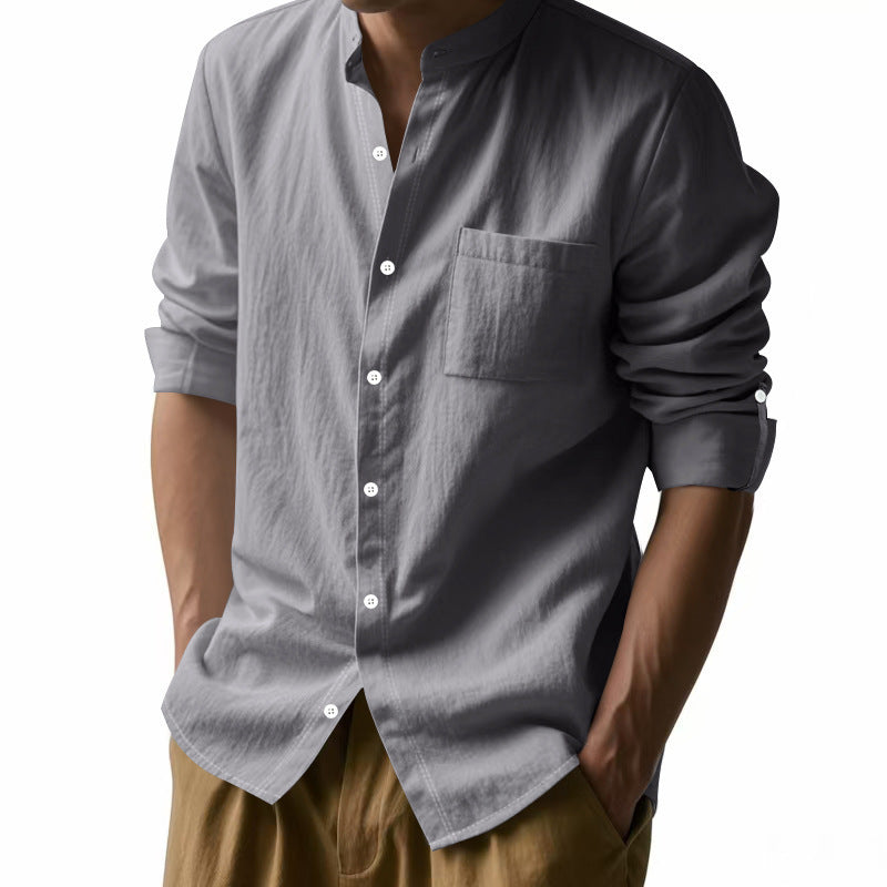 Linen Long Sleeve Stand Collar Shirt