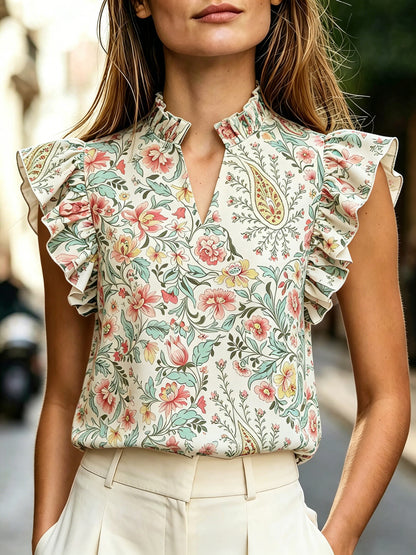 Women's Retro Ruffle-Trimmed Printed Sleeveless Shirt