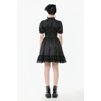 Robe Gothique Noire Dark in Love Belladonna à Manches Bouffantes et Col Montant Lacé