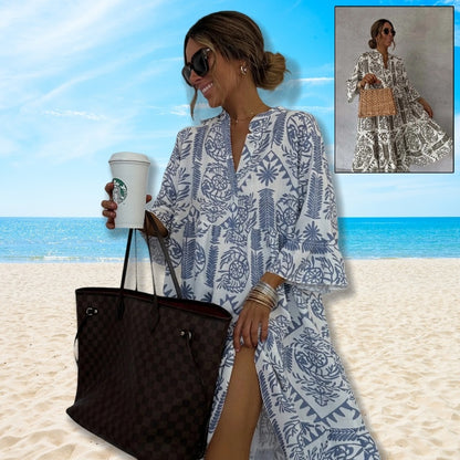Women V-neck Flare Sleeve Ruffle Shirt Dress