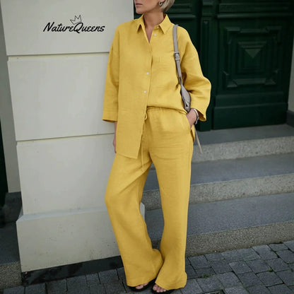 Womens Casual Solid-Color Shirt-and-Loose-Pants Set