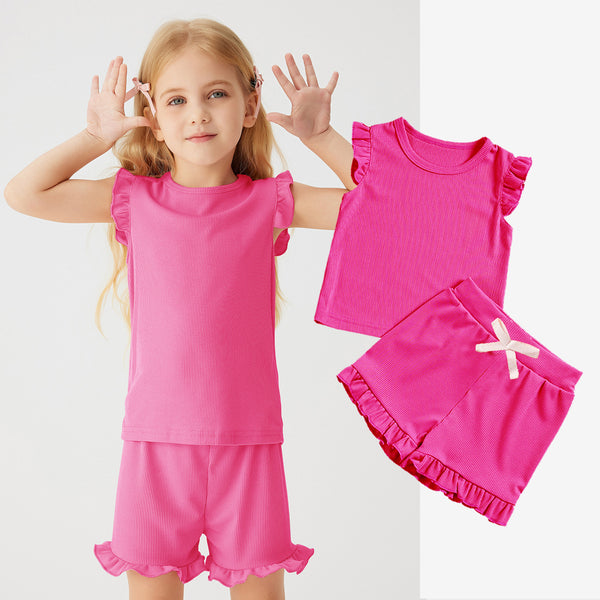 Girls' Solid-Colored Short-Sleeve Shorts Set