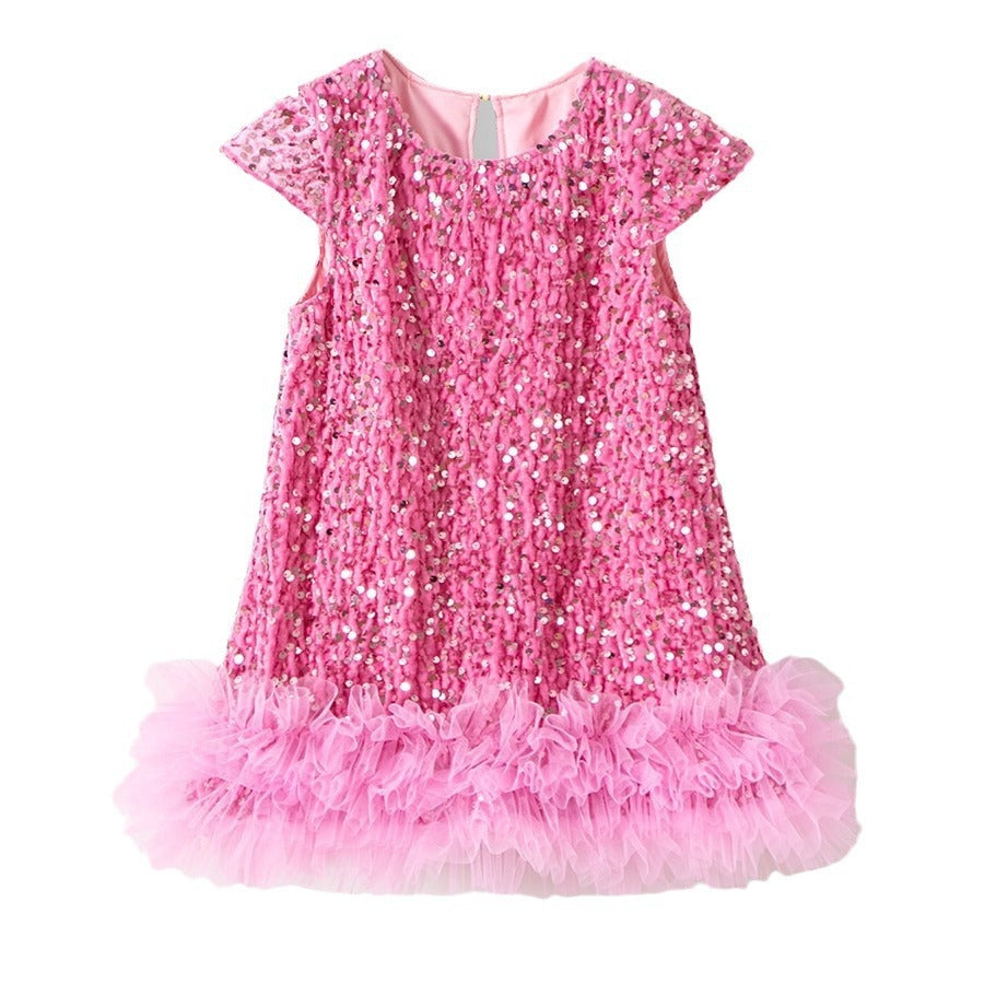 Fashion Girls Sequin Gauze Stitching Vest Dress