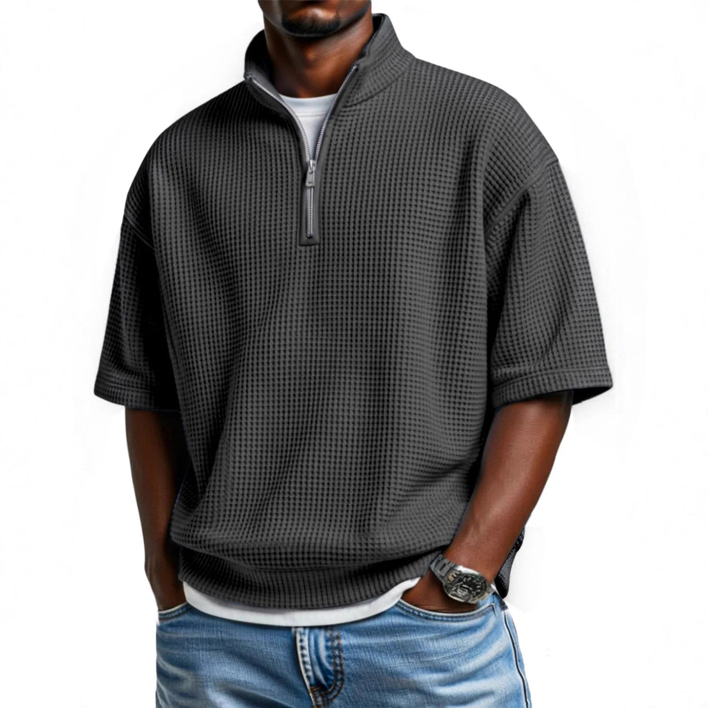 Men's Waffle Knit Half-Zip Polo Shirt - Short Sleeve