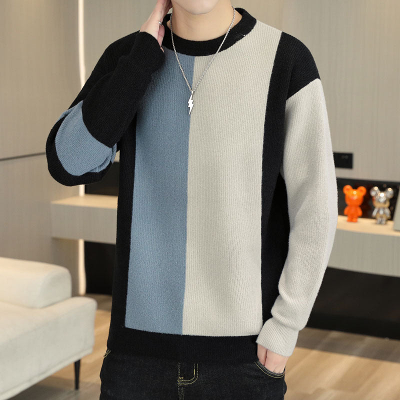 Mens Color-block Crew Neck Warm Sweater