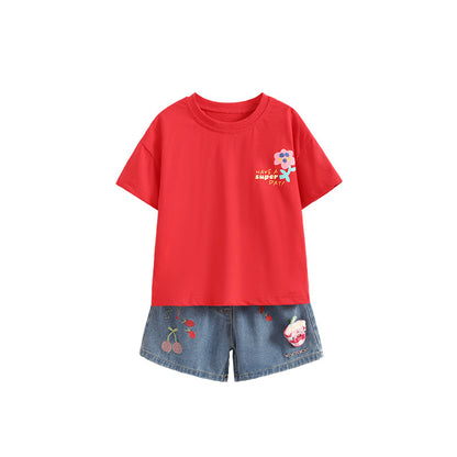 Girls Cartoon T-Shirt & Denim Shorts Set