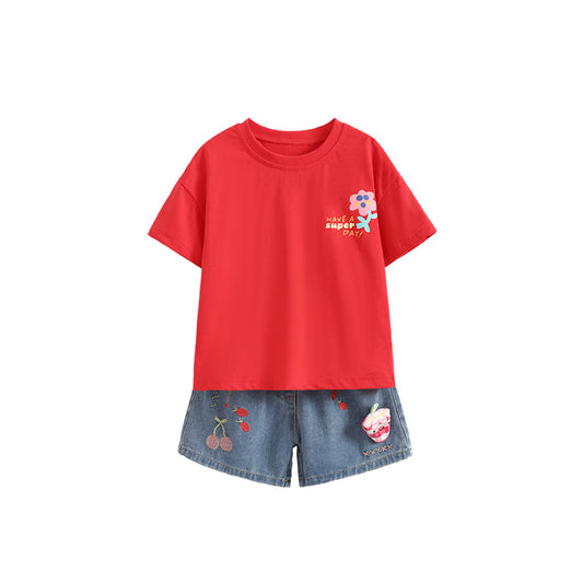 Girls Cartoon T-Shirt & Denim Shorts Set