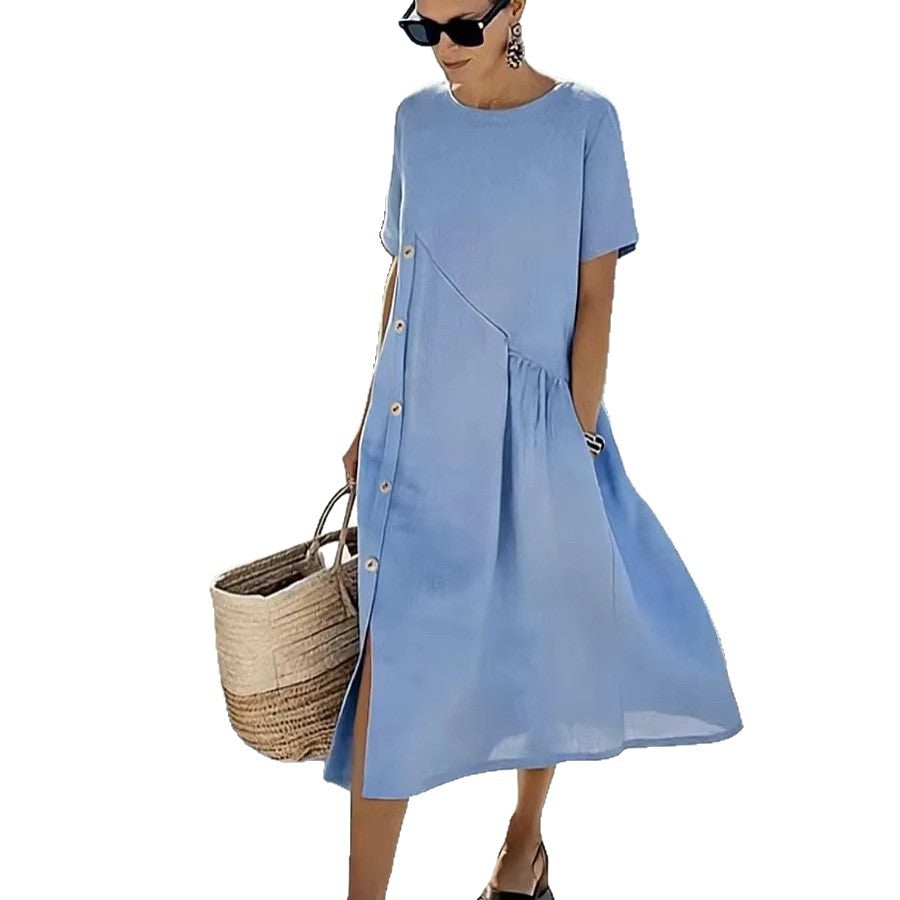 Button-embellished Pleated-pocket Mid-length Dress