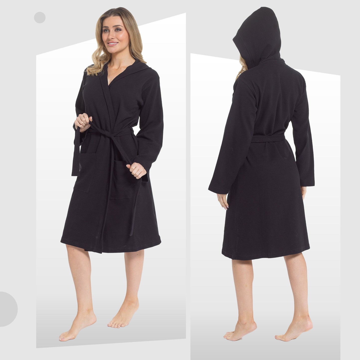 Peignoir Gaufré en Coton à Capuche pour Femme Noir Super Absorbant Robe de Chambre Spa pour la Maison, le Salon et les Voyages par Daisy Dreamer