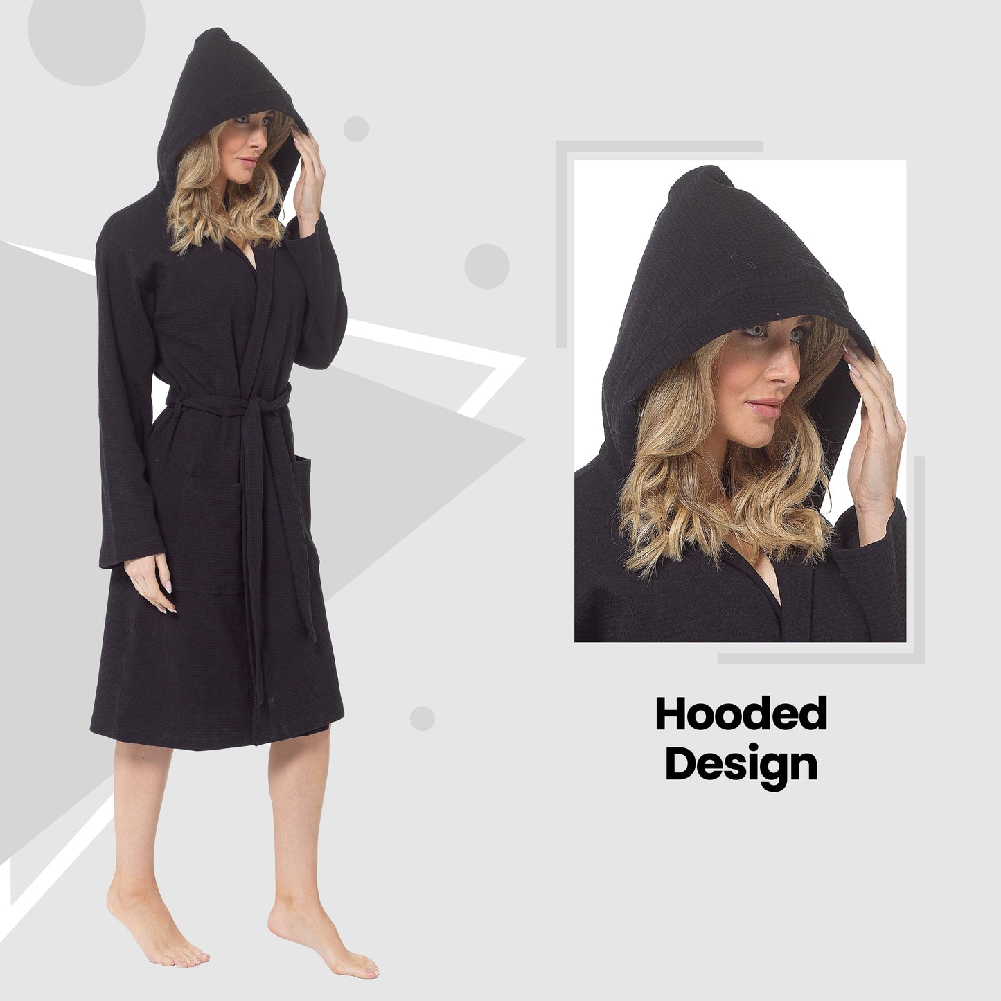 Peignoir Gaufré en Coton à Capuche pour Femme Noir Super Absorbant Robe de Chambre Spa pour la Maison, le Salon et les Voyages par Daisy Dreamer