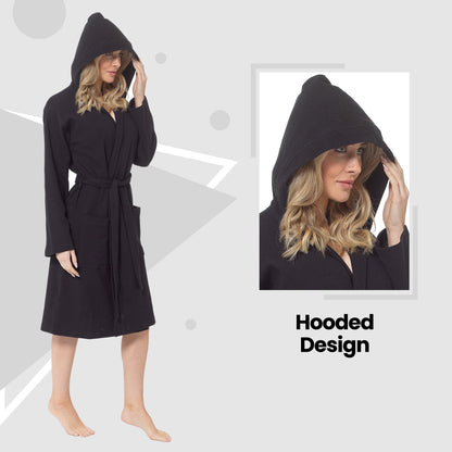 Peignoir Gaufré en Coton à Capuche pour Femme Noir Super Absorbant Robe de Chambre Spa pour la Maison, le Salon et les Voyages par Daisy Dreamer