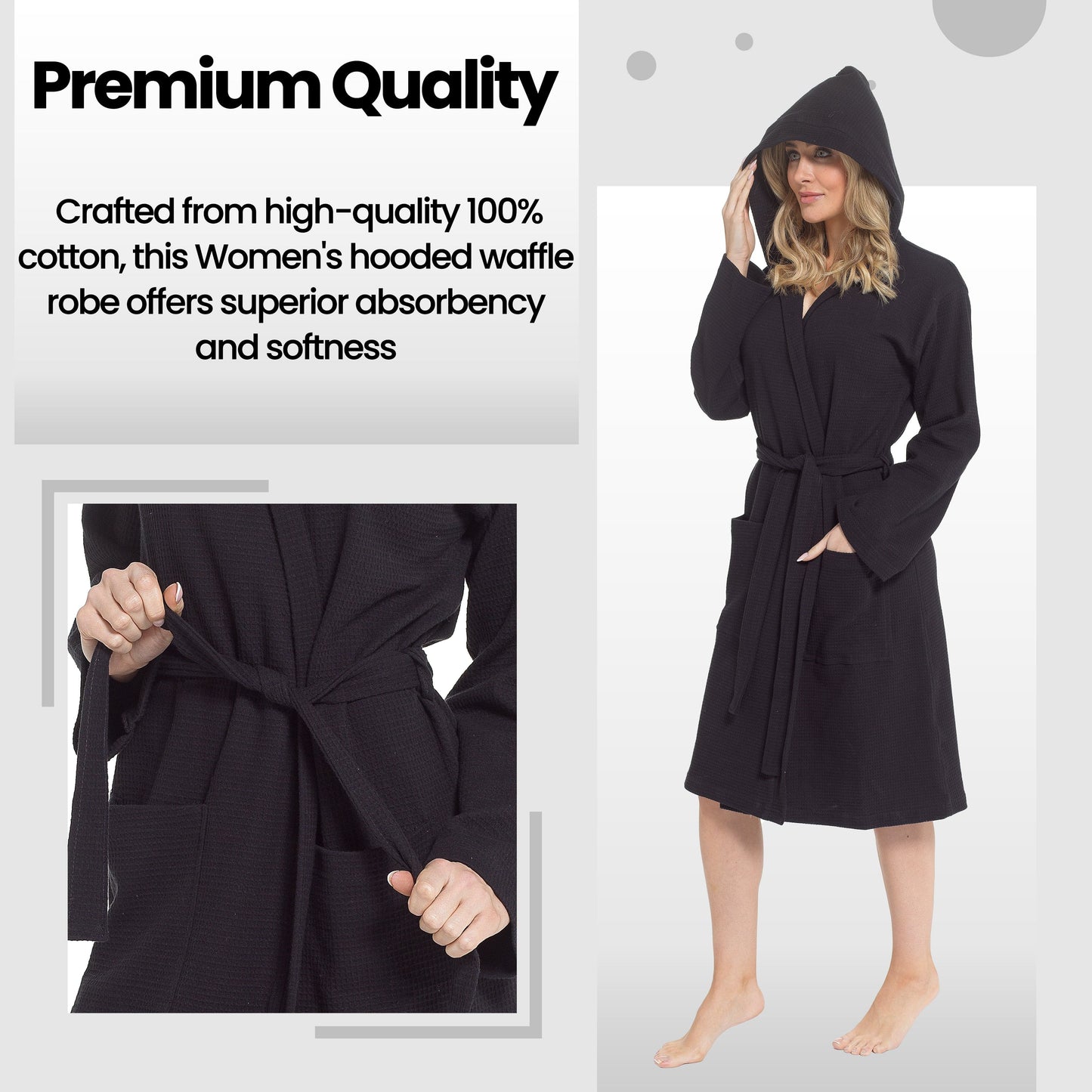 Peignoir Gaufré en Coton à Capuche pour Femme Noir Super Absorbant Robe de Chambre Spa pour la Maison, le Salon et les Voyages par Daisy Dreamer