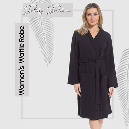 Peignoir Gaufré en Coton à Capuche pour Femme Noir Super Absorbant Robe de Chambre Spa pour la Maison, le Salon et les Voyages par Daisy Dreamer