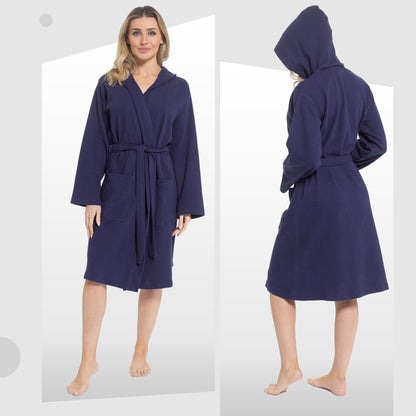 Peignoir de bain à capuche gaufré en coton pour femme, bleu marine, super absorbant, pour la maison, la détente et les voyages, par Daisy Dreamer