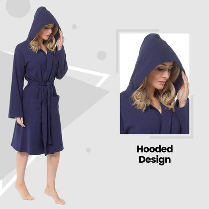Peignoir de bain à capuche gaufré en coton pour femme, bleu marine, super absorbant, pour la maison, la détente et les voyages, par Daisy Dreamer